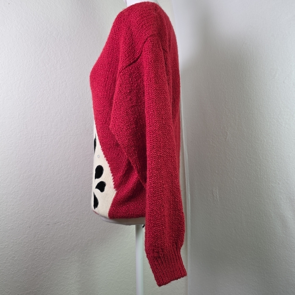Vtg Albee Angora Blend Red Sweater w/ Velvet Appliqué & Sequins – Abstract 80s M - Picture 5 of 10